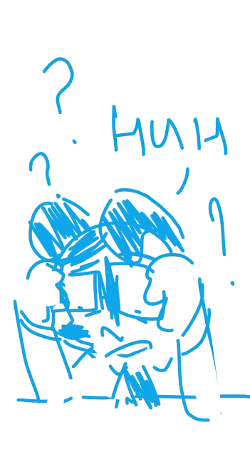 Doodle of dog fursona in glasses and suit sitting presumably at the table, confusedly looking down. He says "huh"