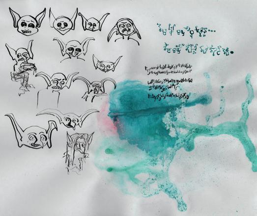 Goblins, ink
Writing in surfneblin, then sylvin (raven condensed)

Smears of color! Oh.
