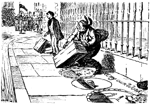 Cartoon of a pavement artist putting boxes over chalk drawings as a march approaches. Original caption read: Pavement artist (who has not yet recovered the nerve which he lost on hearing of the attack upon the Velasquez Venus). "Pass along them covers, George - the suffragettes is coming."