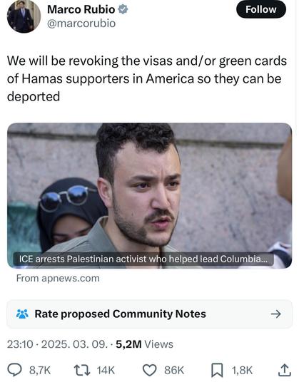 We will be revoking the visas and/or green cards of Hamas supporters in America so they can be deported.

Marco Rubio
Israeli Agent