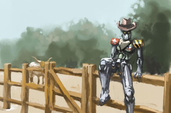 Digital painting of a robot cowboy sitting on a wooden fence