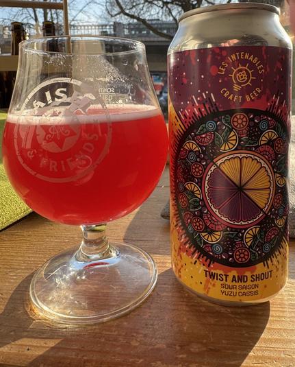 A glass of bright red beer with sun shining through it sitting next to a can with an illustrated floral pattern of citrus wedges that reads TWIST AND SHOT sour saison yuzu cassis.