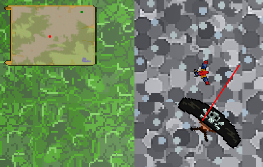 A screenshot from the game, top-down view. The pirate is flying in a paraglider, with the parrot in the vicinity. There is some terrain and an overview map of the landscape.
