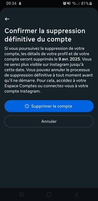 Capture d'écran d'un message qui confirme la suppression d'un compte Meta.