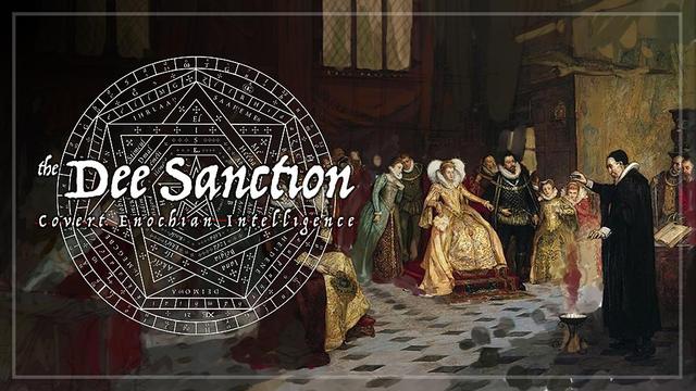 A digitally edited historical painting showcases a royal court scene featuring Queen Elizabeth I, seated in an opulent golden gown surrounded by courtiers. To the right, a figure dressed in black, Doctor John Dee, is engaged in a mystical demonstration beside a glowing brazier. Overlaid on the image is a large, intricate Enochian magic sigil; a pentagram inscribed with arcane symbols and text. Superimposed on the sigil is the title "The Dee Sanction" in a stylised, medieval-inspired font, accompanied by the subtitle "Covert Enochian Intelligence," which suggests espionage and supernatural intrigue themes. The overall aesthetic harmoniously blends Renaissance history with occult and espionage elements.