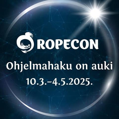 tummaa tähtikarttataustaa vasten valkoisella Ropecon-tapahtuman lohikäärmelogo ja teksti: ohjelmahaku on auki 10.3.-4.5.2025