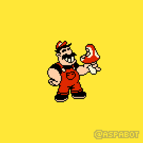 Pixel art of Mario eating a mushroom, 4 colors + background