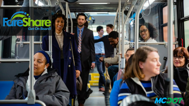 commuters riding a bus with the fareshare and mcdot logos