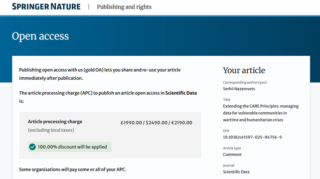 Springer Nature supports Ukrainian researchers during the war by providing a 100% APC waiver.