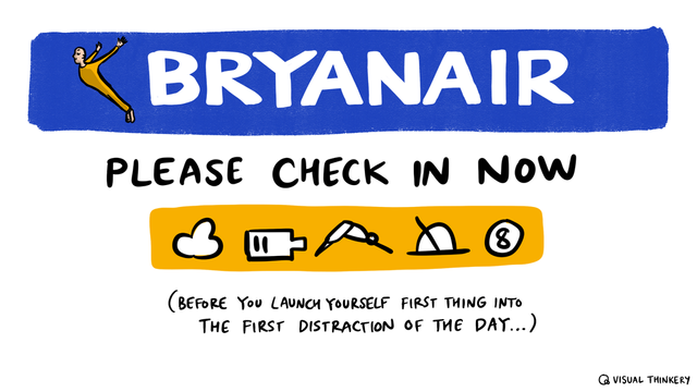 Cartoon of Ryanair logo with text "Bryanair" instead, and a white man dressed in orange leaning out with his arms behind him replacing the normal illustration.  Text below "Please check in now". Images below with an orange background of a cloud, battery, person doing yoga, meter and number 8. Text below "(Before you launch yourself first thing into the first distraction of the day...)".