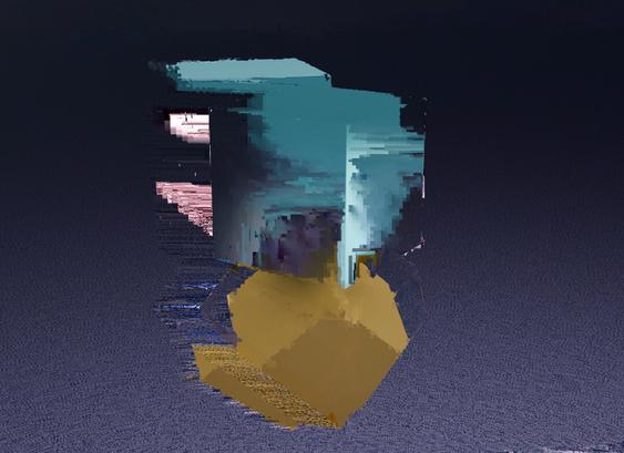 A blue cube colliding with an orange cube, with prominent glitchy artifacts from bad video decoding.