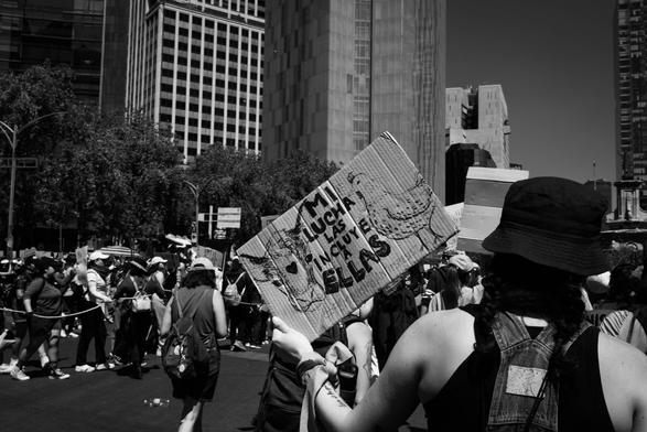 Fotografía en blanco y negro en la Marcha Feminista 2025 del 08 de marzo.

Un grupo de manifestantes va caminando una calle en Ciudad de México, es un contingente grande, al fondo se ven edificios altos con muchas ventanas, algunos árboles en la parte izquierda de la imagen.

Una compañera de espaldas con un sombrero levanta un cartel con su mano izquierda que en medio tiene la frase. MI LUCHA LAS INCLUYE A ELLAS y al lado derecha dibujada una gallina y a la izquierda dibujada una cabeza de una vaca con un corazón en la frente.

©Sofía Dumat|CLAMOR DE LIBERTAD