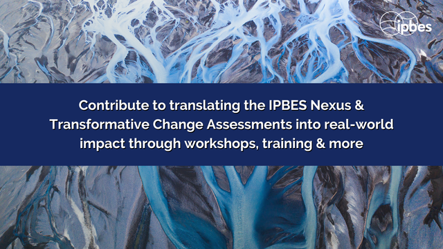 An aerial image of a frozen river in varying shades of blue. Overlay text reads "Contribute to translating the IPBES Nexus & Transformative Change Assessments into real-world impact through workshops, training & more."