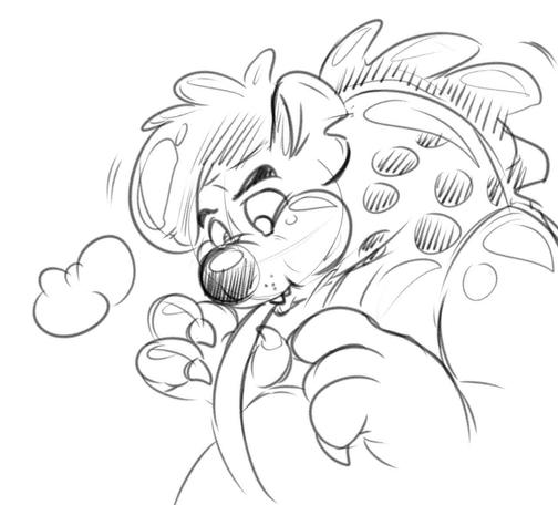 Digital sketch of Kay as a gnoll, sucking on an air hose and a little surprised but hungry looking, perhaps almost finished with the transformation given some other features. Hair is puffy styled after the older hair style I used.