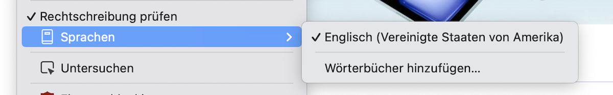 Screenshot der Rechtsschreibkorrektureinstellung bzw. Wörterbucheinstellung des Waterbox-Browser.