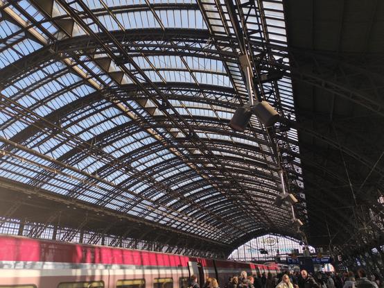 glass roof of the train shed at Köln Hbf, arched with a point, clear glass letting in daylight through a beautiful curved ironwork roof