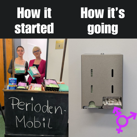 Meme. Links steht "How it started", darunter ein Bild von Anne Herpertz und Julia Hartl beim Verteilen von Hygieneartikeln. Rechts steht "How it's going", darunter ein Bild eines Spenders für Hygieneartikel.