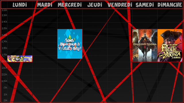 -Lundi, de 19h jusqu'à 20h, petite session de Splatoon 3 récupérer les récompenses du Big Run;
-Mercredi, de 15h jusqu'à 19h30, toujours dans les travaux pour le futur let's play Bienvenue à Youtube City ! sur les Sims 3;
-Samedi, de 15h jusqu'à 20h, la suite de la quête principale de Dragon's Dogma II;
-Et Dimanche, de 15h jusqu'à 20h, on continue de vider l'annexe sur Like a Dragon Pirate Yakuza in Hawaii !