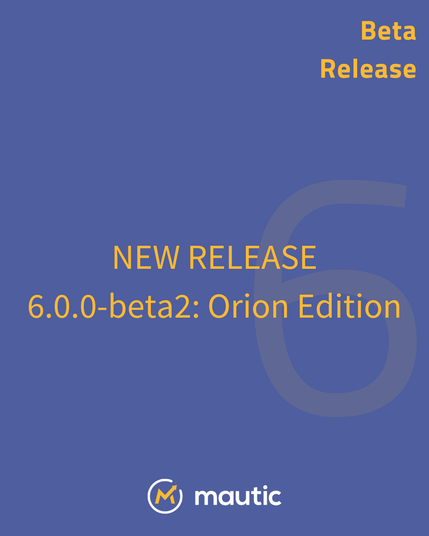 An announcement graphic featuring the text "NEW RELEASE 6.0.0-beta2: Orion Edition" displayed in yellow, on a blue background. The Mautic logo is displayed at the bottom, and there is a small note indicating "Beta Release" in the upper right corner.
