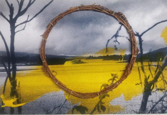 Una corona circular hecha de sarmientos se superpone a una imagen de un paisaje con un lago. El paisaje es una mezcla de tonos grises y un campo amarillo vibrante que ocupa la mayor parte de la parte inferior. Ramas de árboles sin hojas, en tonos grises oscuros, enmarcan la imagen, creando un efecto de profundidad. La corona se centra, creando un marco natural para el paisaje.