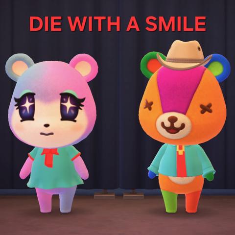 Animal Crossing: New Horizons screenshot. Image shows Stitches (patchwork multi-colored bear cub) next to Judy (light purple to light blue ombre bear cub) in front of a blue curtain with a concrete floor. Stitches is wearing a custom shirt that is a blue jacket with red shirt beneath and a gold chain on it. Judy is wearing a custom dress with red cuffs and largely blue. The center appears to look like a red bow around the neck of the dress.