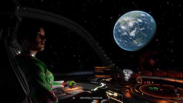Capture du personnage de Space_thomalice dans le jeu Elite Dangerous, le cockpit a vue sur la Terre.