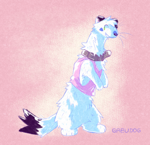 Digital art of Gabu as a small white stoat with black tail tip, wearing an oversized collar with a side release clip and a light pink tank top.