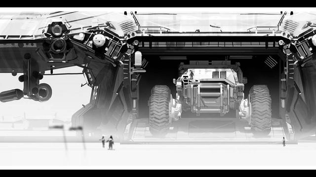 ENG: A screenshot from the end credits of the game. It's a black-and-white image of a baserunner (a ground vehicle) coming out of a larger aircraft.

DE: Ein Screenshot aus dem Abspann des Spiels. Es ist ein schwarz-weißes Bild eines Baserunners (ein Bodenfahrzeug), der aus einem größeren Flugzeug herausfährt.
