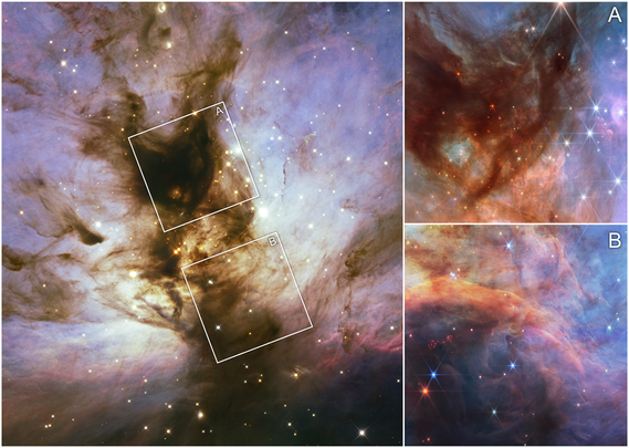 This collage of images from the Flame Nebula shows a near-infrared light view from NASA’s Hubble Space Telescope on the left, while the two insets at the right show the near-infrared view taken by NASA’s James Webb Space Telescope. Much of the dark, dense gas and dust, as well as the surrounding white clouds within the Hubble image, have been cleared in the Webb images, giving us a view into a more translucent cloud pierced by the infrared-producing objects within that are young stars and brown dwarfs. Astronomers used Webb to take a census of the lowest-mass objects within this star-forming region.