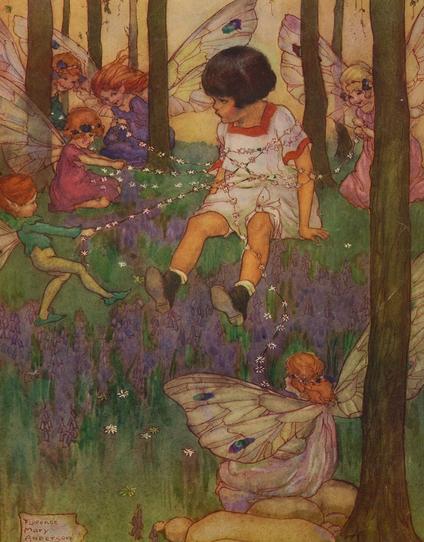 A host of fairies plays with a little girl. Painting by Florence Mary Anderson.
