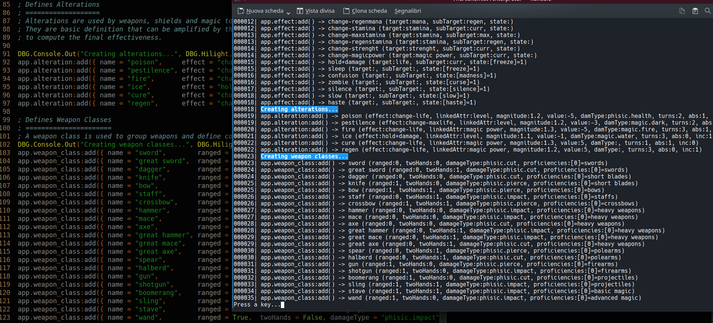 Here is a screenshot showing the output I get after having implemented the weapon classes, it's a list of weapon groups with their properties in the console.