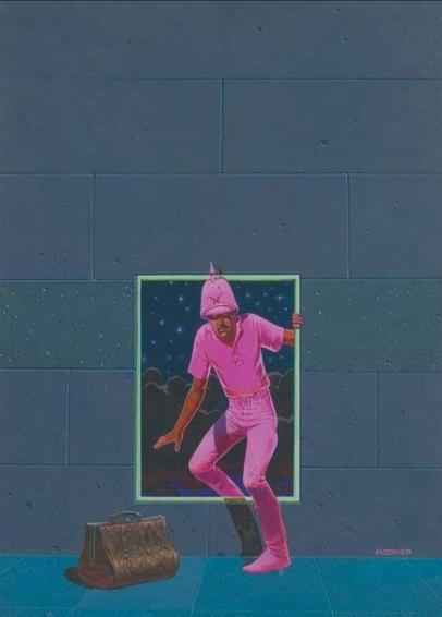 La couverture de Major Fatal - Tome 3 -
édition 1981 de l'immense et génial Moebius :
Le major, vêtu de rose de la tête aux pieds avec son superbe casque à pointe enjambe une fenêtre (un mur) imaginaire pour rejoindre un monde parallèle. 
De l'autre côté, un sac posé à terre pour de nouvelles aventures 😃