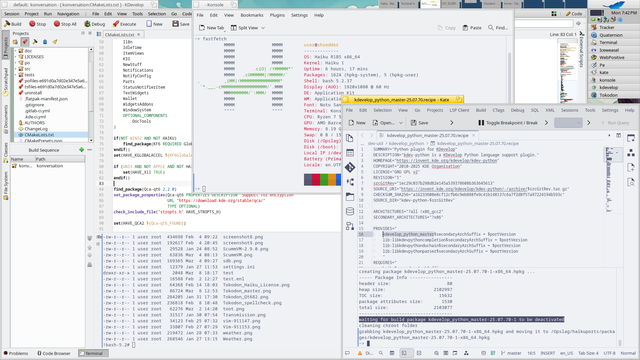 Haiku running Konsole and Kate from master branch and KDevelop-24.12.3