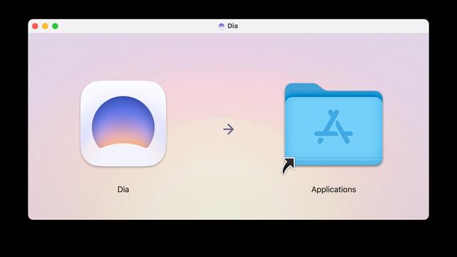 An installation screen for the application "Dia," featuring its logo on the left and an Applications folder icon on the right. An arrow points from the Dia icon to the Applications folder, indicating the action of dragging the app into the folder for installation. The background is a soft gradient, enhancing the visual appeal of the interface. A cursor is shown hovering over the Applications folder, indicating interaction.