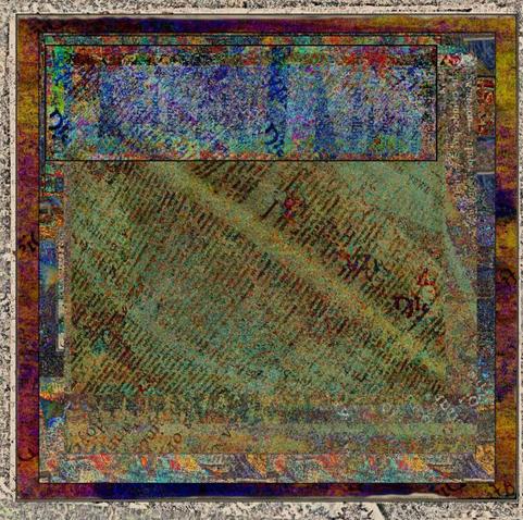 An old style photo edge, with a central subject of deconstructed text in various sizes, and colours.