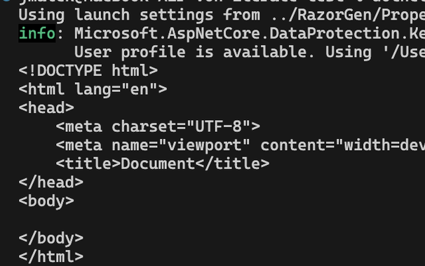 Terminal output of some CLI application, emitting a skeleton HTML document.
Mentions "AspNetCore".
