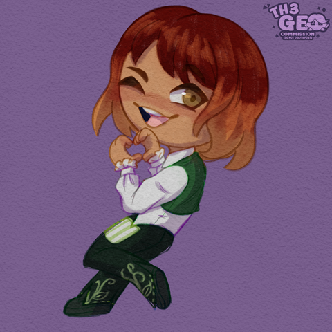 - Drawing Type:
Chibi Style / Colored Sketch / Fullbody

- [ 1 ] Character/s:
* Human / Female

- Background:
Flat Color

- Description:
A irl with green outfit and grown hair smiling at the viewer while doing a heart with her hands
