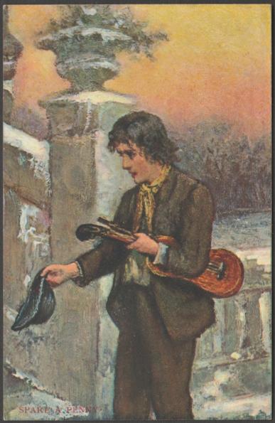 Printed colour postcard showing an illustration, unsigned, of a busker with a violin.
Published by S. Hildesheimer & Co Ltd, London & Manchester, No 5253, printed in Germany, c.1905.
Postally unused, but with address of F.M. Webster, 64 Trevenson Street, Camborne, Cornwall.
Very good condition, with very slight corner bumps.