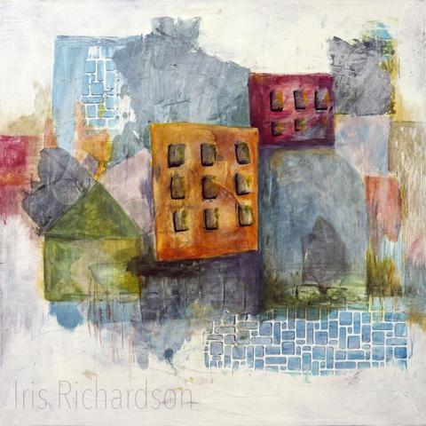 Geometric shapes in earthy tones overlap creating an abstract cityscape. Buildings with window-like patterns are set against a textured backdrop blending blue and green hues.
