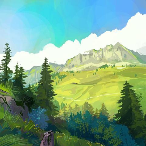 a digital painting of a scene looking across a bright, green mountain valley. the opposing hillside is covered in sun, the clouds behind are puffy and white, and the viewer stands in a forested hillside of greens blues and little yellow flowers