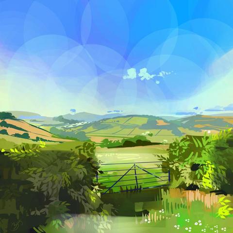a digital painting of a pasture is a hilly countryside, seen behind a tall green hedge and a blue gate. the sky is blue and dotted with clouds, and in the distance the square lines of many more pastures can be seen across the hills.