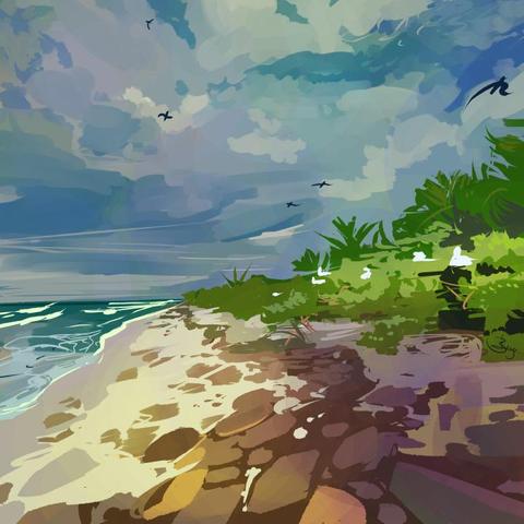 a digital painting of a stormy beach, with white sand and brown rocks. black birds dot the sky, messy dark clouds cover the sky, and wind whips at the ocean and the trees