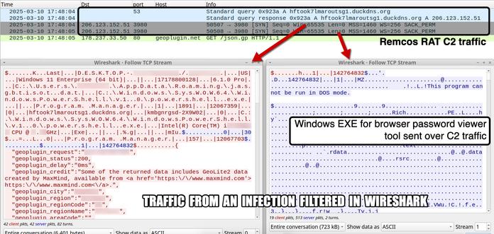Traffic from the Remcos RAT infection filtered in Wireshark.  It show information about the infected Windows host, and it also shows a Windows EXE sent over the C2 traffic.  The Windows EXE is a hacker tool to view browser passwords.