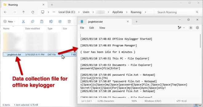 Location of a text file for an offline keylogger. The image shows the beginning of the contents of this keylogger data file.