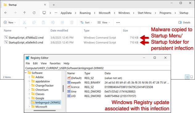 This infection was persistent through copies of the initial malware saved to the AppData\Roaming\Microsoft\Windows\Start Menu\Programs\Startup directory.  This image also shows a Windows Registry update caused by the Remcos RAT infection.