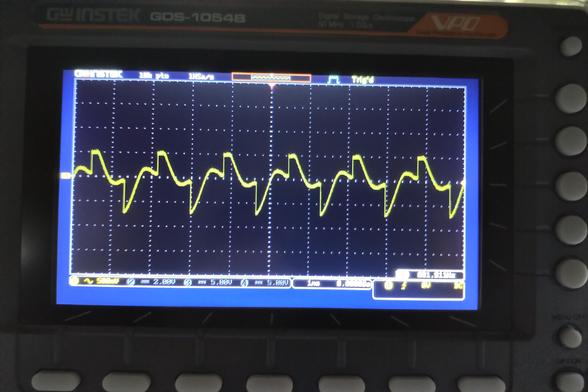 Asymetrical wave output (starving part of the circuit) displayed on a scope