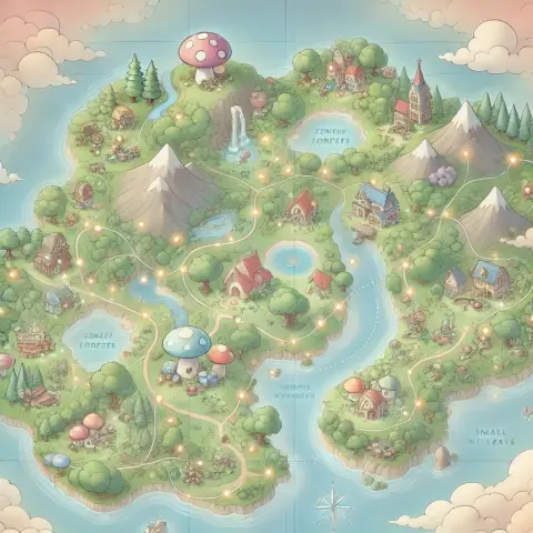 A whimsical, pastel-colored fantasy map viewed from above, featuring charming landmarks like cozy mushroom houses, gentle mountains, lush forests, serene lakes, winding pathways, and inviting villages