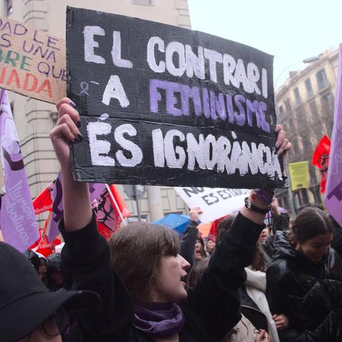 A girl with purple bandana is holding up a sign that reads "EL CONTRARI A FEMINISME ÉS IGNORÀNCIA" (the contrary to feminism is ignorance) in white and purple text on a black background.

Una noia amb un mocador lila subjecta un cartell que diu "EL CONTRARI A FEMINISME ÉS IGNORÀNCIA" en text blanc i porpra sobre fons negre.