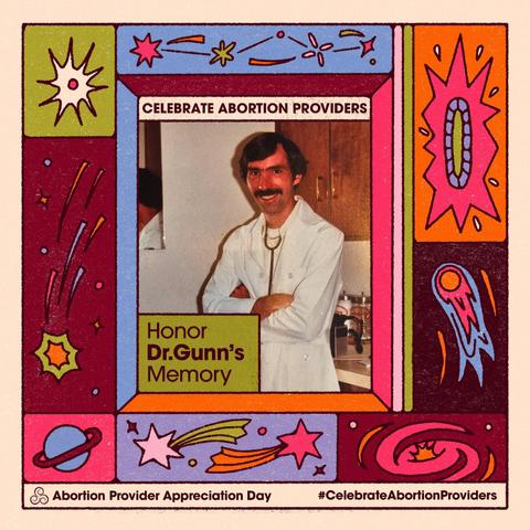 The image is a colorful, framed portrait of a man wearing a white coat with a stethoscope around his neck, standing with arms crossed. The frame is adorned with vibrant, stylized designs including shooting stars, planets, and abstract shapes in blue, red, purple, and orange. The top of the frame has a strip of decorative elements featuring stars and lines. The side panels have abstract star motifs. The image features a green block with the text "Honor Dr. Gunn’s Memory" overlaying the man’s portrait. At the bottom, there is additional text in black on a white strip.