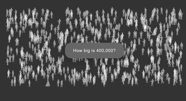 Screenshot of data art piece with sillouettes of people and some text across the middle that reads "How big is 400,000?